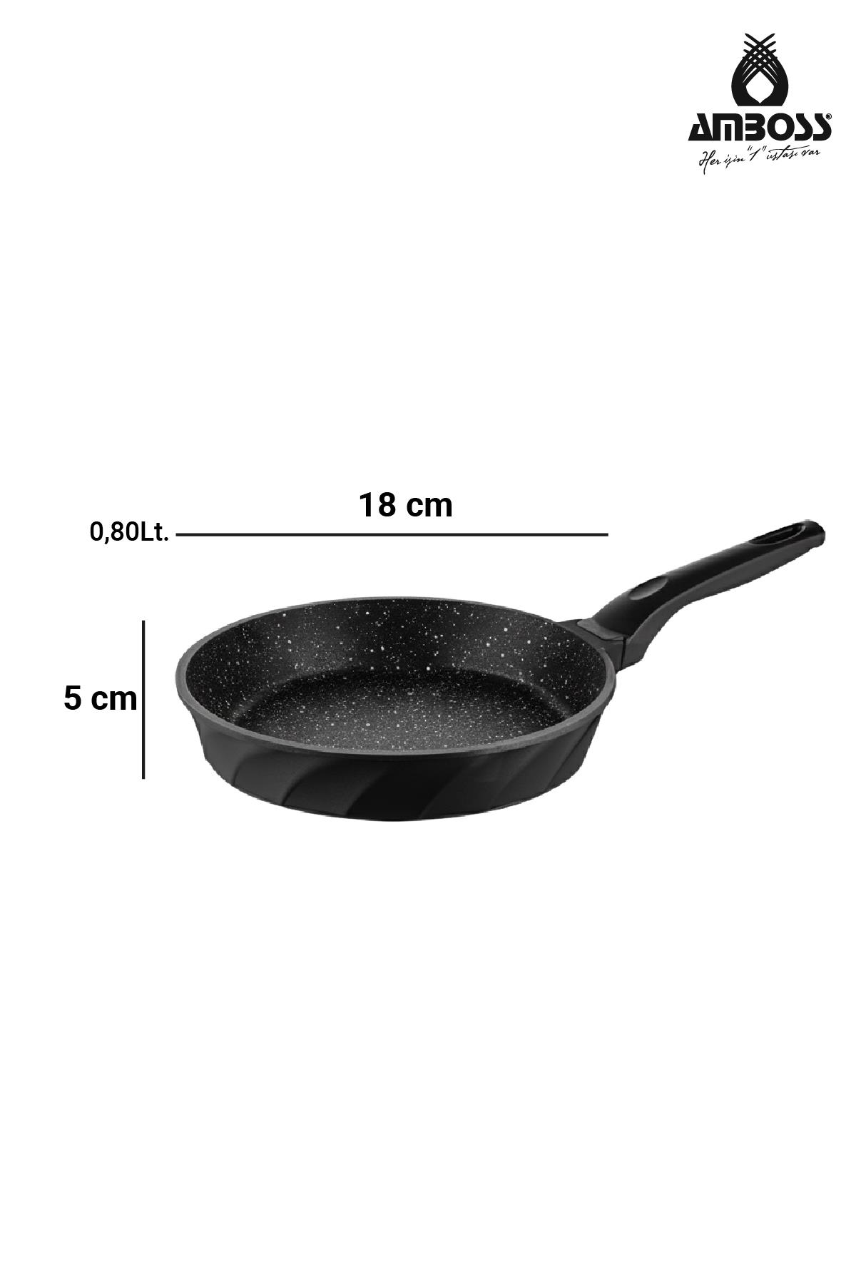 Siyah tava, 18 cm çap, 5 cm yükseklik, 0,80 L kapasite.
