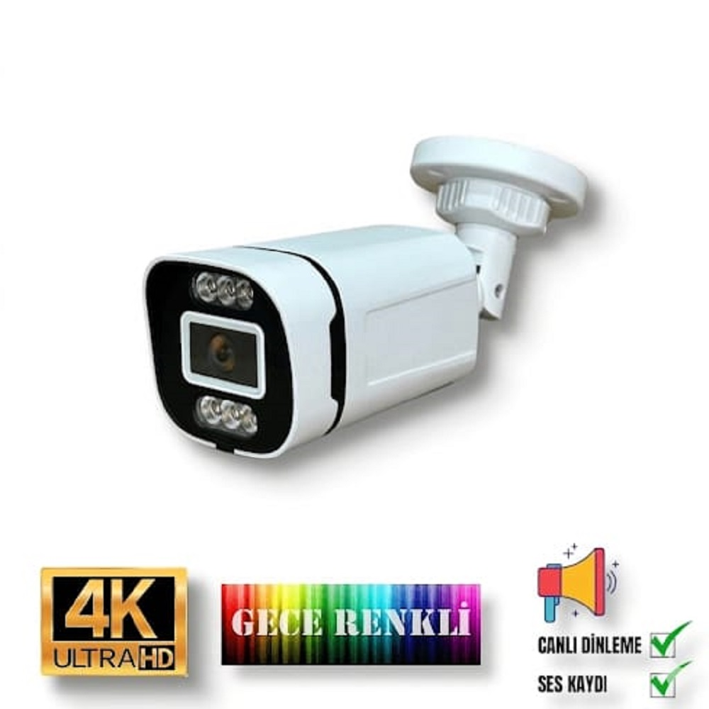 BISES 5 Megapiksel Görüntü POE Bağlantılı ve Sesli 6 Warm Led Gece Renkli 4386WS IP Güvenlik Kamerası Beyaz