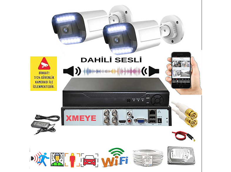 BISES 2'li Sesli Araç İnsan Yüz ve Hareket Algılayan 5 MP Lens 12 Warm Led Gece Renkli 312WS Kamera Seti Beyaz