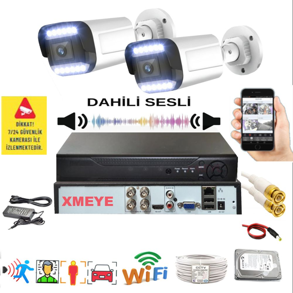 BISES 2'li Sesli Araç İnsan Yüz ve Hareket Algılayan 5 MP Lens 12 Warm Led Gece Renkli 312WS Kamera Seti Beyaz