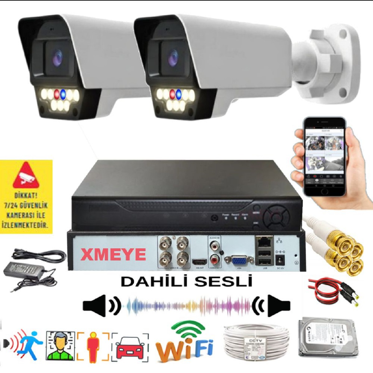 Güvenlik kameraları, DVR, akıllı telefon uygulaması, kablolar ve sabit disk.