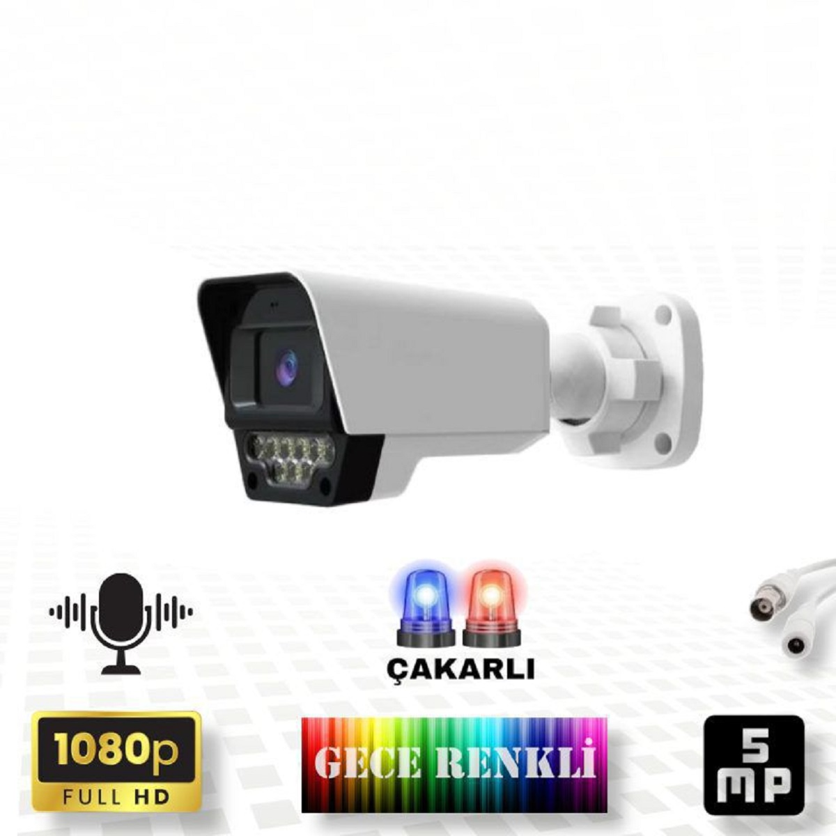 Mikrofonlu, sirenli, 1080p, gece görüşlü ve 5MP güvenlik kamerası.