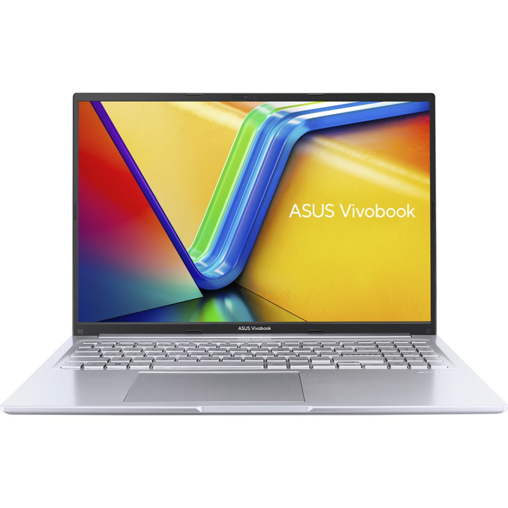 Otwarty srebrny laptop ASUS Vivobook wyświetlający kolorową tapetę.