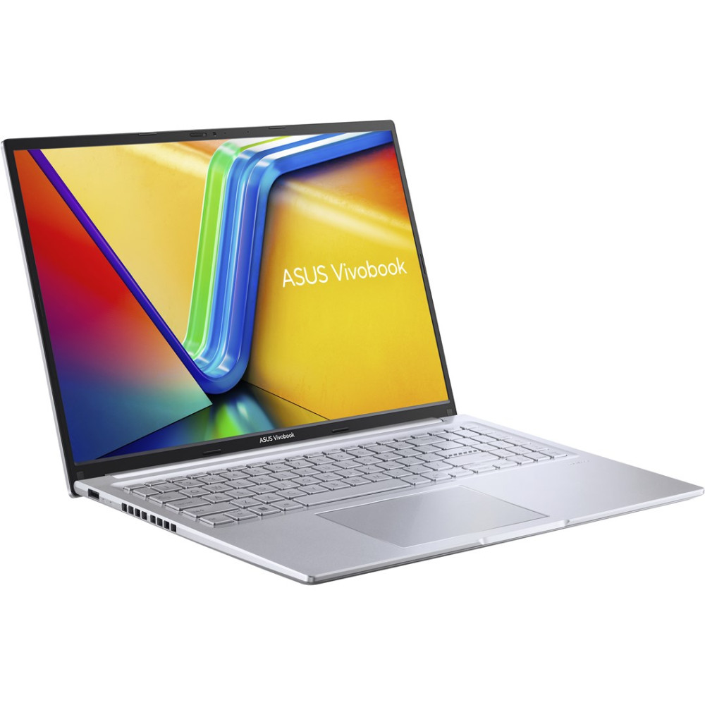 Srebrny laptop Asus Vivobook z kolorowym ekranem na białym tle.