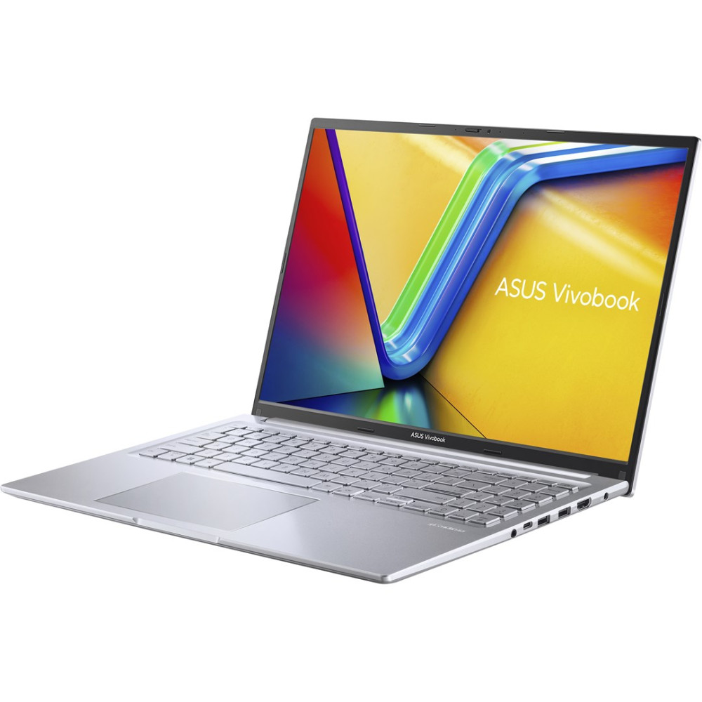 Srebrny laptop ASUS Vivobook jest otwarty, pokazując klawiaturę i ekran z kolorowym, abstrakcyjnym wzorem.
