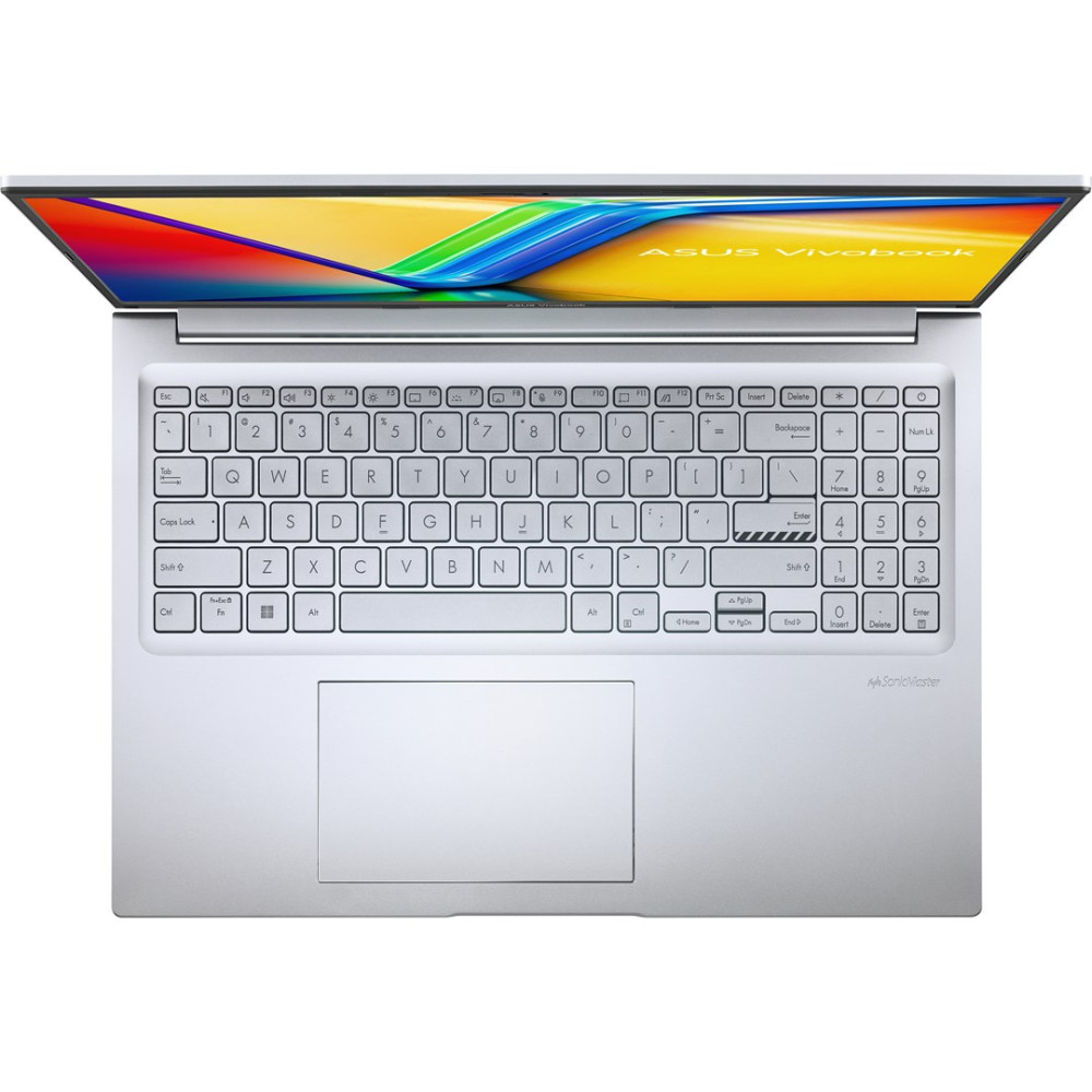 Srebrny laptop Asus Vivobook z kolorowym ekranem i pełną klawiaturą.