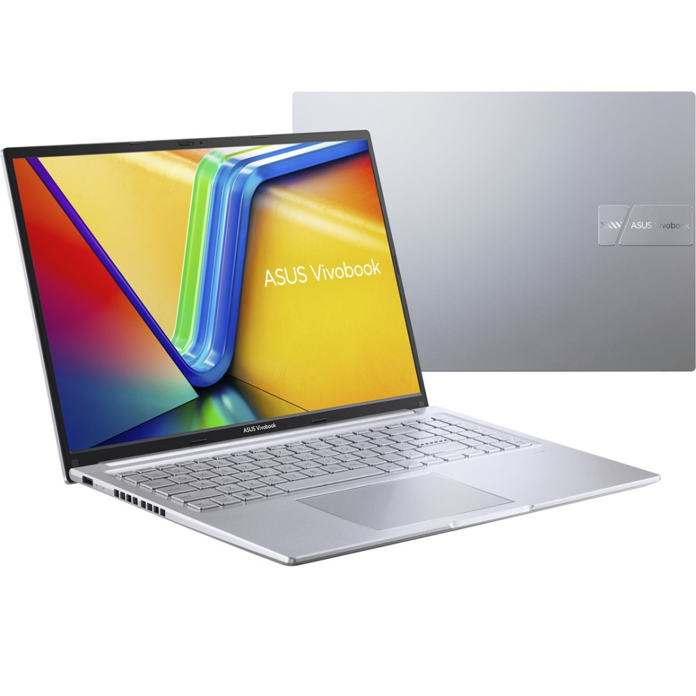 Srebrny laptop Asus Vivobook, pokazany otwarty z boku.