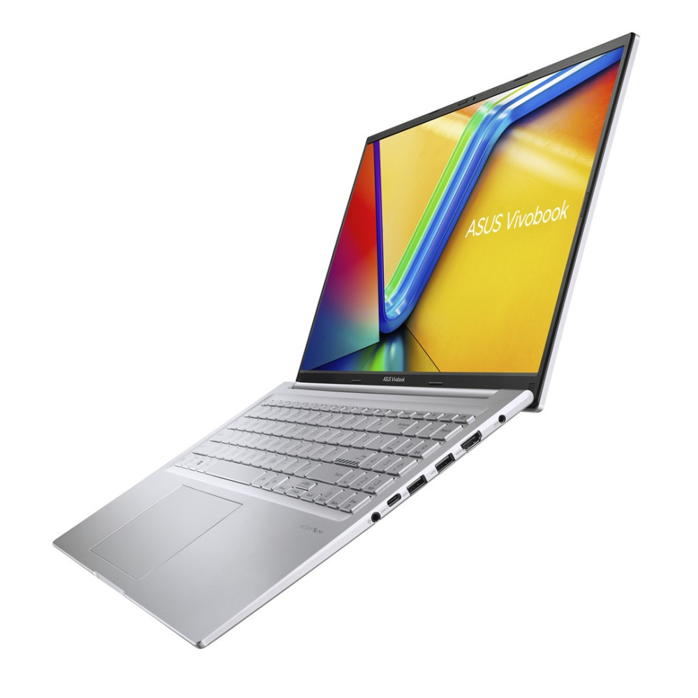 Srebrny laptop ASUS Vivobook z podświetlaną klawiaturą i kolorowym ekranem.