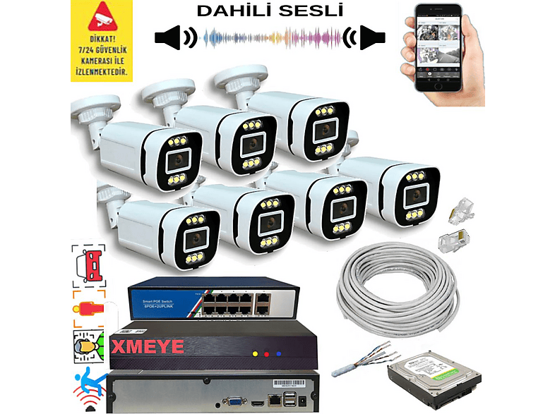 BISES 7'li Yapay Zekalı 5 MP Görüntü POE Bağlantılı Sesli 6 Warm Led Gece Renkli IP 4386WS Kamera Seti Beyaz