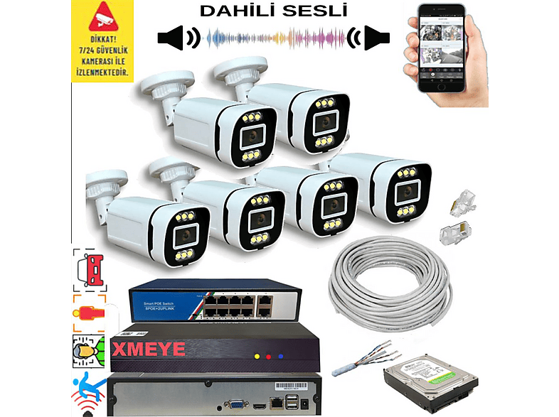 BISES 6'lı Yapay Zekalı 5 MP Görüntü POE Bağlantılı Sesli 6 Warm Led Gece Renkli IP 4386WS Kamera Seti Beyaz