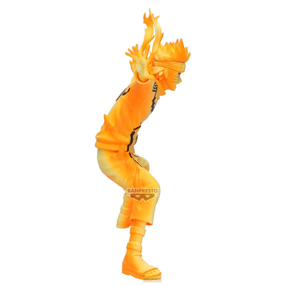Orangefarbene Anime-Figur in gebückter Haltung mit Flammen-Akzenten.