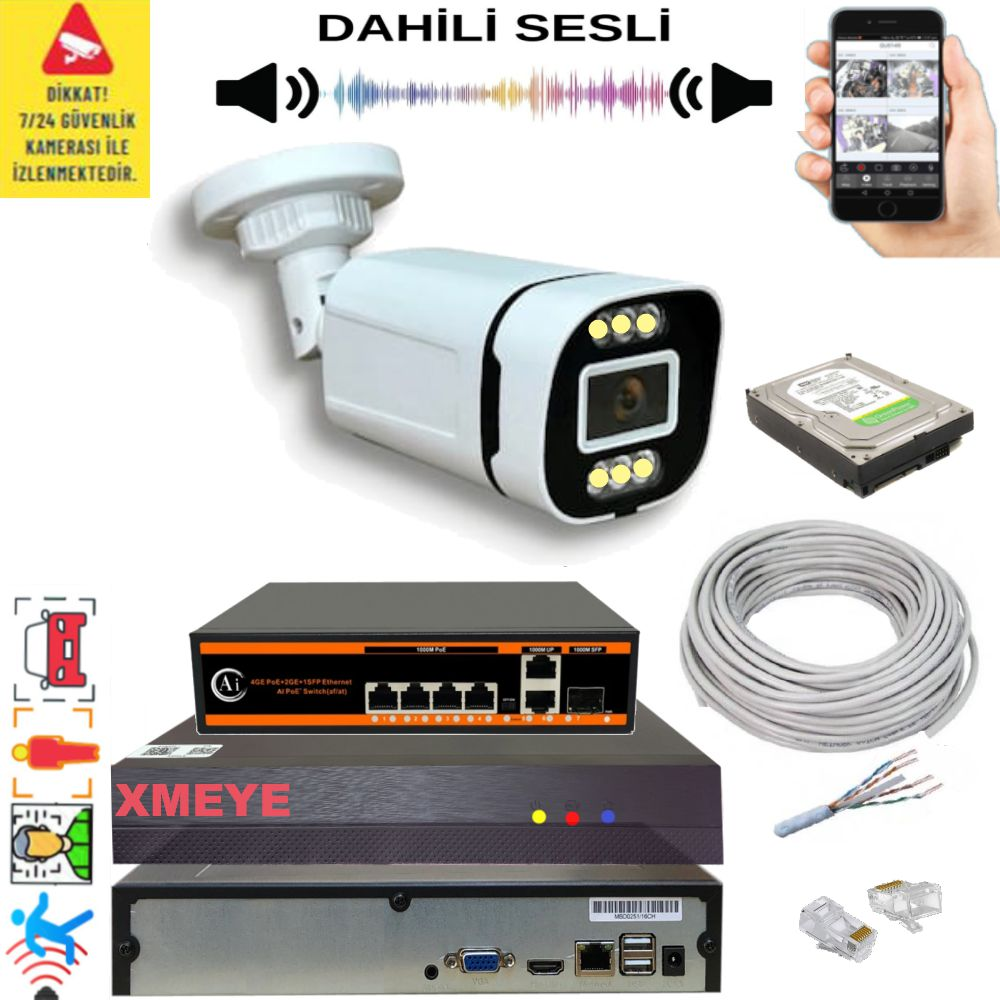 BISES 1'li Yapay Zekalı 5 MP Görüntü POE Bağlantılı Sesli 6 Warm Led Gece Renkli IP 4386WS Kamera Seti Beyaz