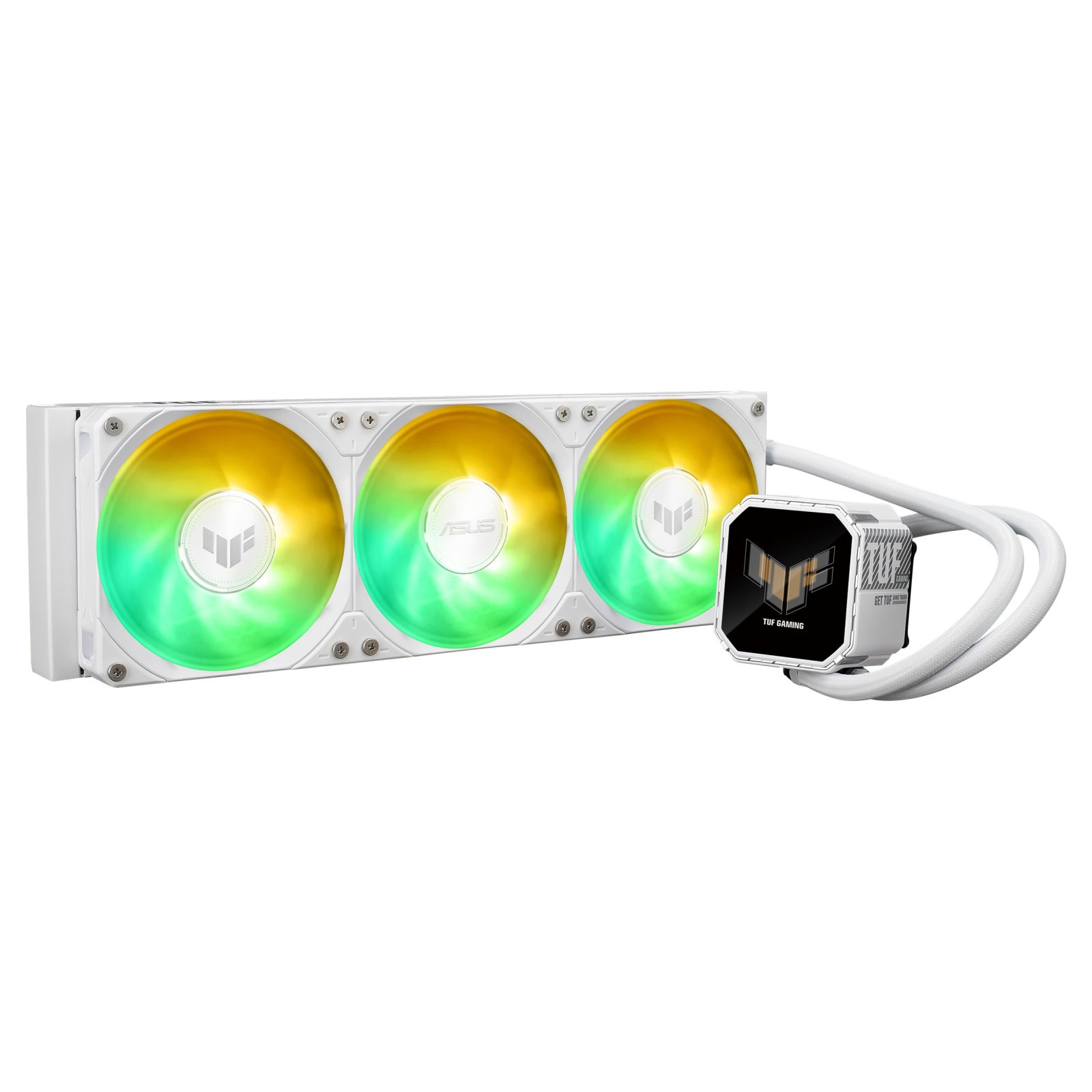 Biała chłodnica cieczy PC z trzema wentylatorami, oświetleniem RGB i czarną pompą.