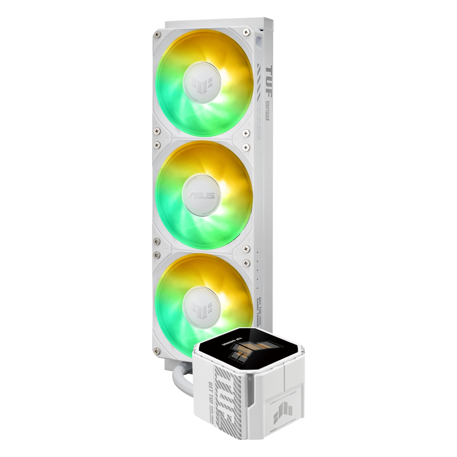 Biała chłodnica CPU z trzema wentylatorami RGB i oddzielną pompą.