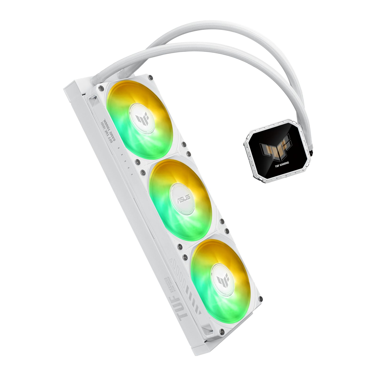 Biała chłodnica procesora z trzema wentylatorami RGB i osobną głowicą pompy.