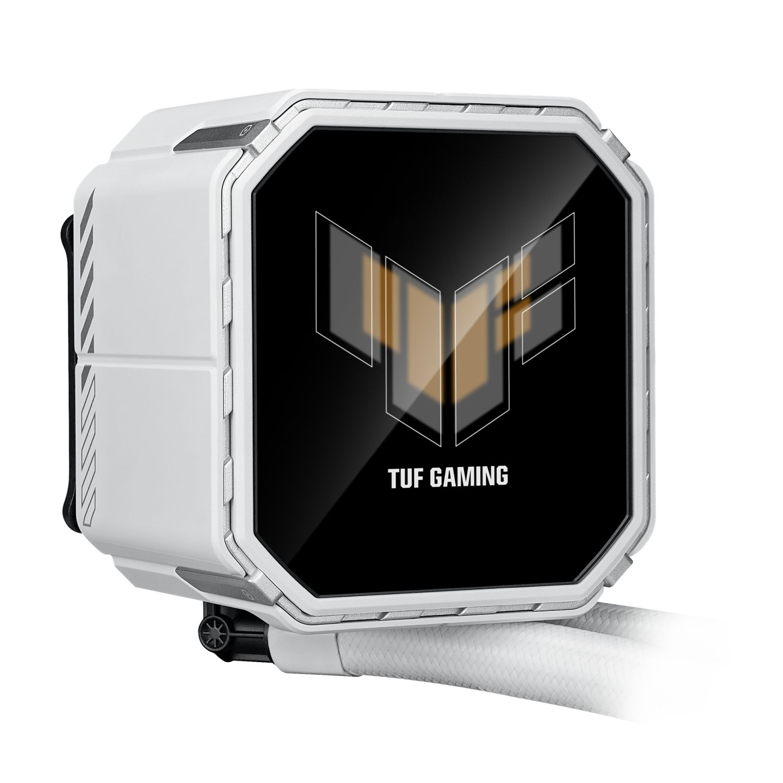 Biała chłodziarka CPU TUF Gaming z czarno-złotym logo na ekranie.