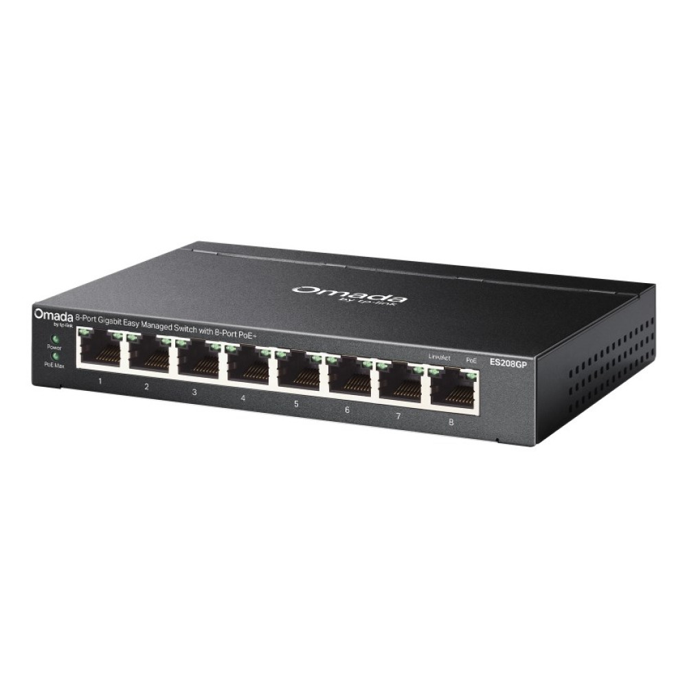 Czarny 8-portowy przełącznik Gigabit PoE+ z portami RJ45 i wskaźnikami.