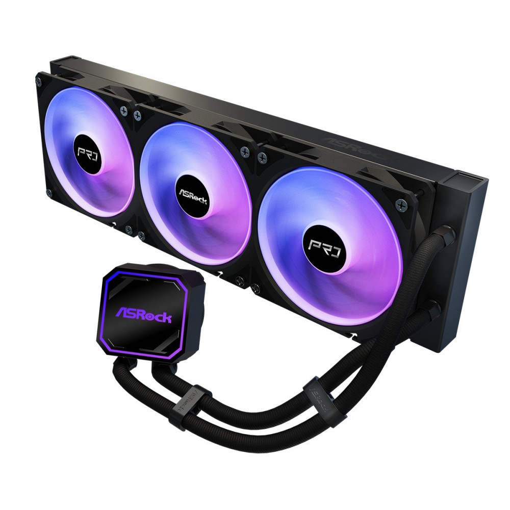 Chłodnica ASRock z trzema wentylatorami RGB i czarną obudową.
