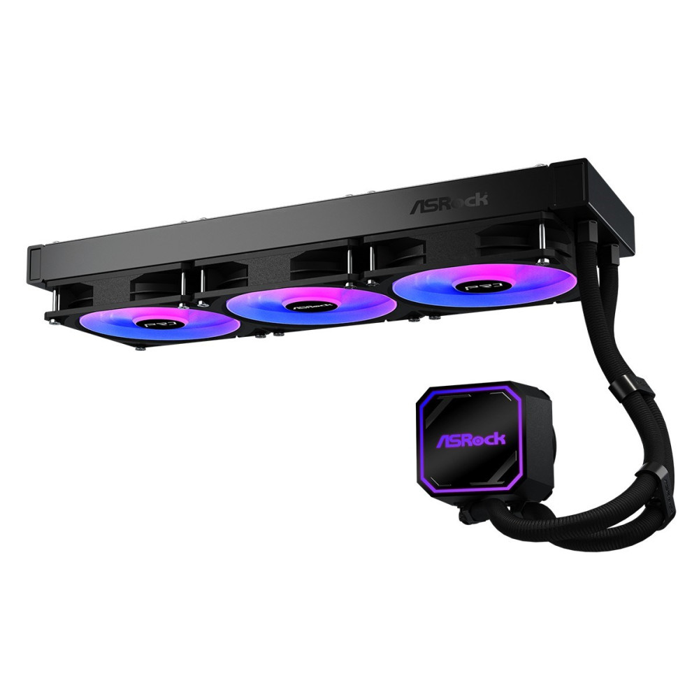 Chłodnica ASRock z trzema wentylatorami RGB i blokiem wodnym.