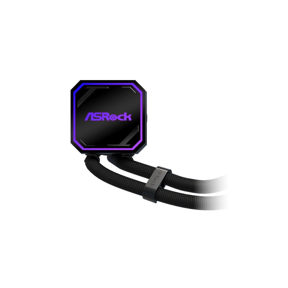 Czarna chłodnica CPU ASRock z fioletowym podświetleniem RGB i dwoma wężami.