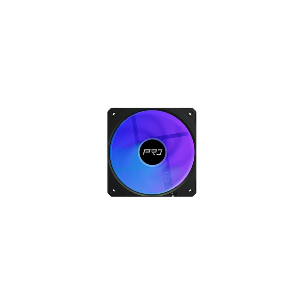 Czarny wentylator PC z niebiesko-fioletowym podświetleniem RGB i logo PRJ.