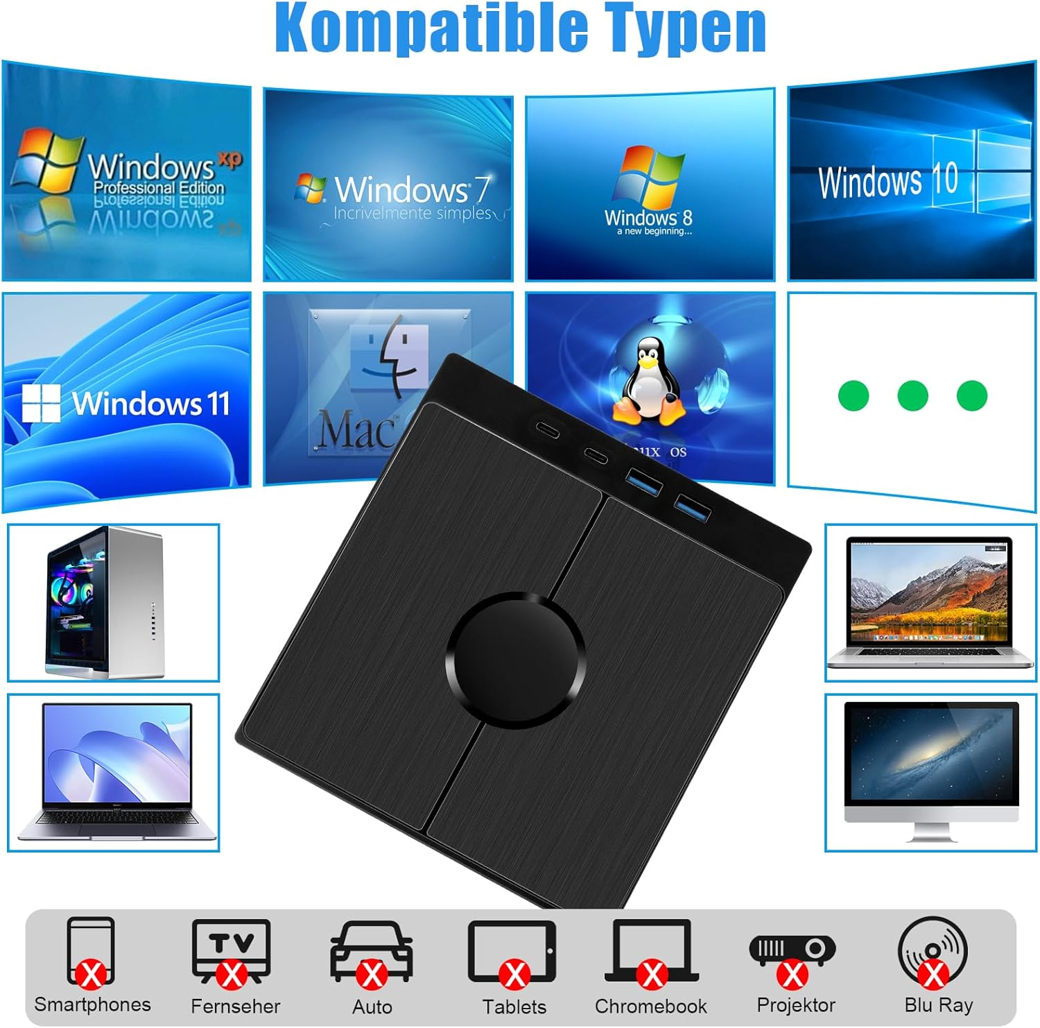 Kompatible Typen: Windows XP, 7, 8, 10, 11, Mac, Linux OS. Geräte: PC, Laptop, Monitor, Smartphones, TV, Auto, Tablets, Chromebook, Projektor, Blu Ray.