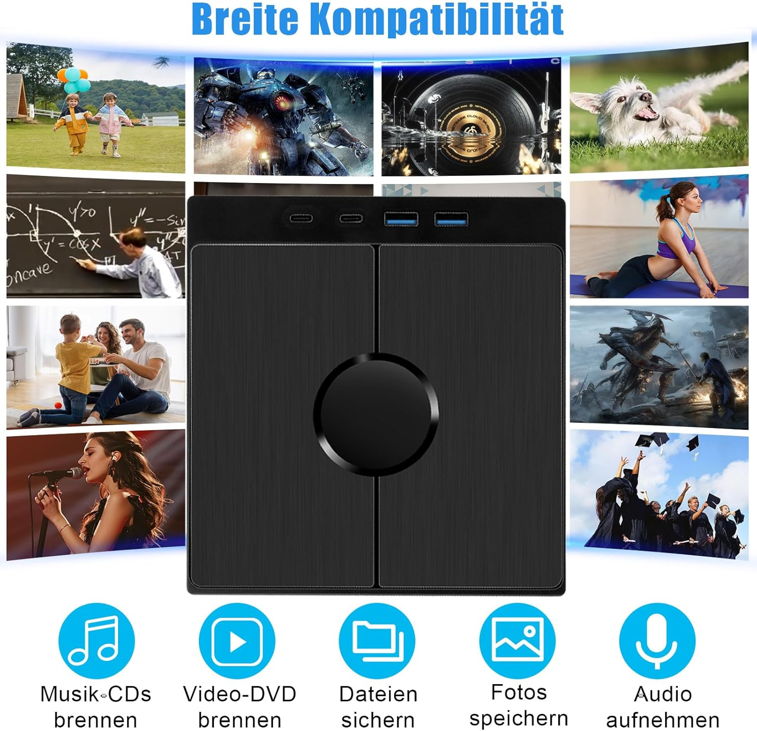 Collage zeigt Kinder, Roboter, Schallplatte, Hund, Mathe, Familie, Sängerin, Yoga, Krieger und Abschluss.