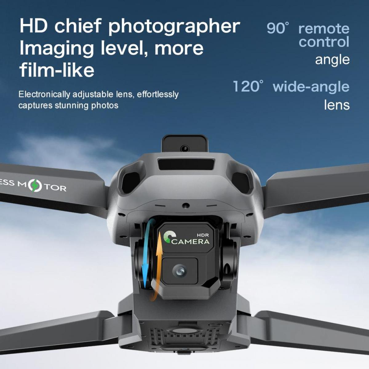 Grauer Quadrocopter mit Kamera, Text über Fotografie und Winkel.