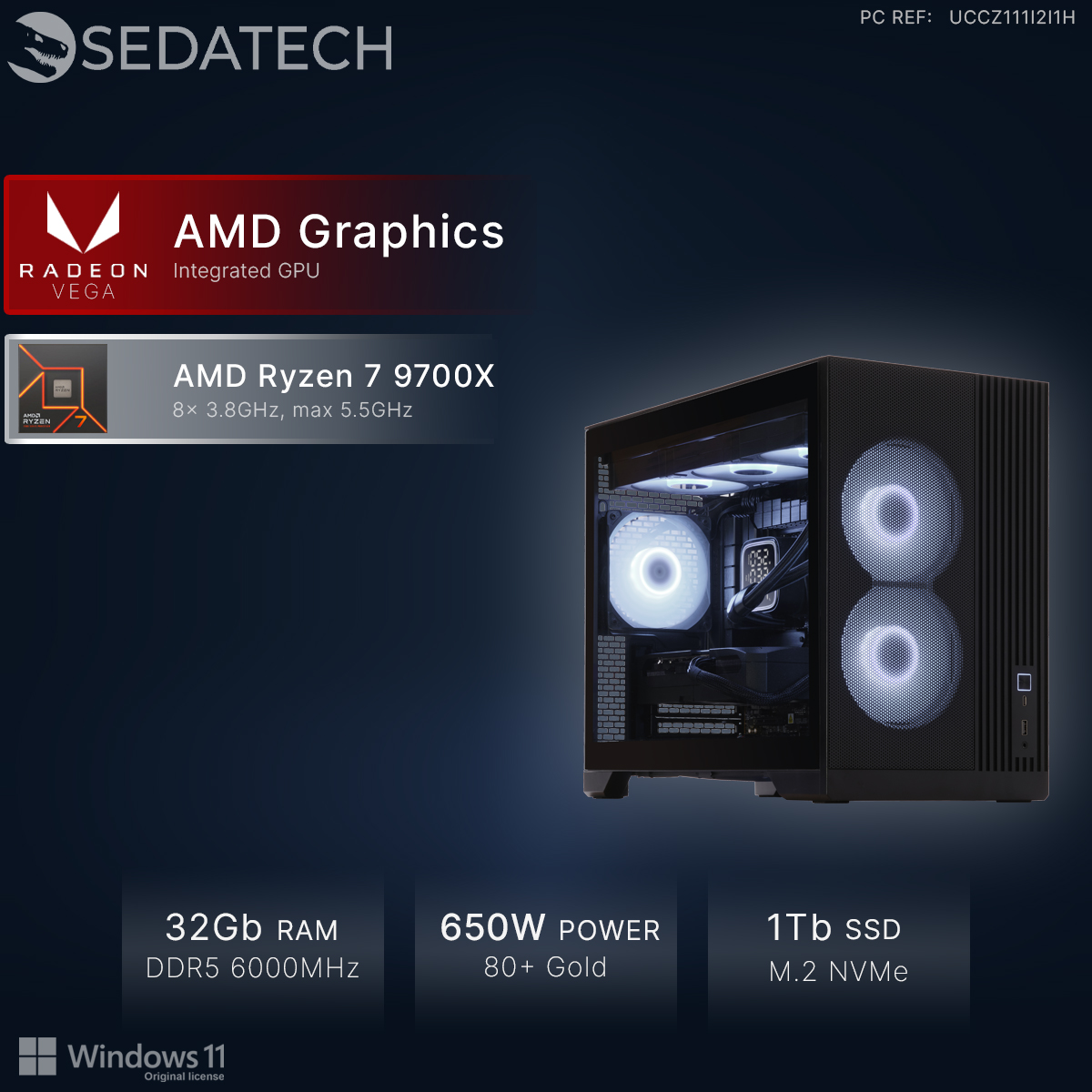 Un PC con AMD Ryzen 7 9700X, 32GB RAM, SSD 1TB, alimentatore 650W.