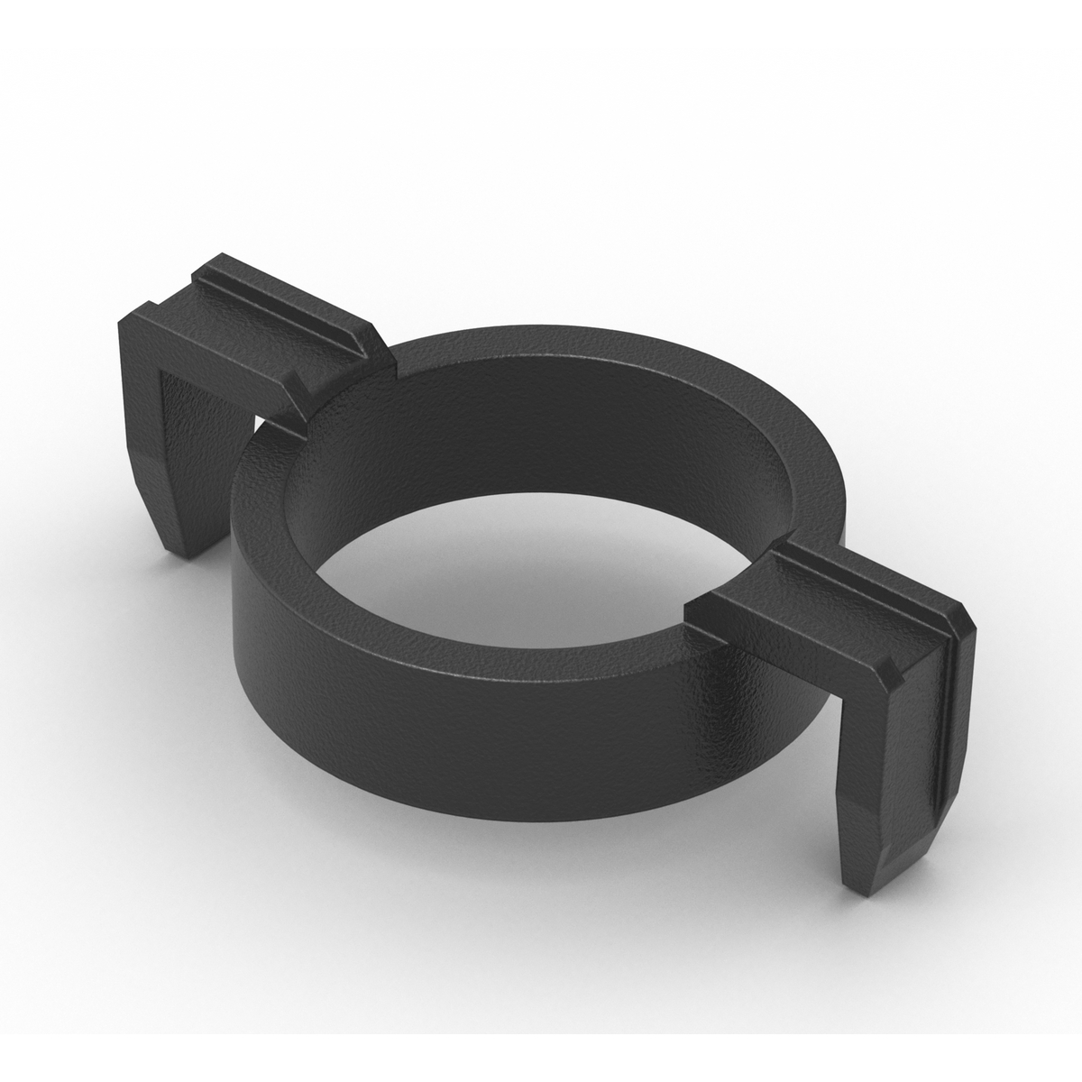 Ein schwarzer Ring mit zwei gegenüberliegenden Laschen. Weißer Hintergrund.