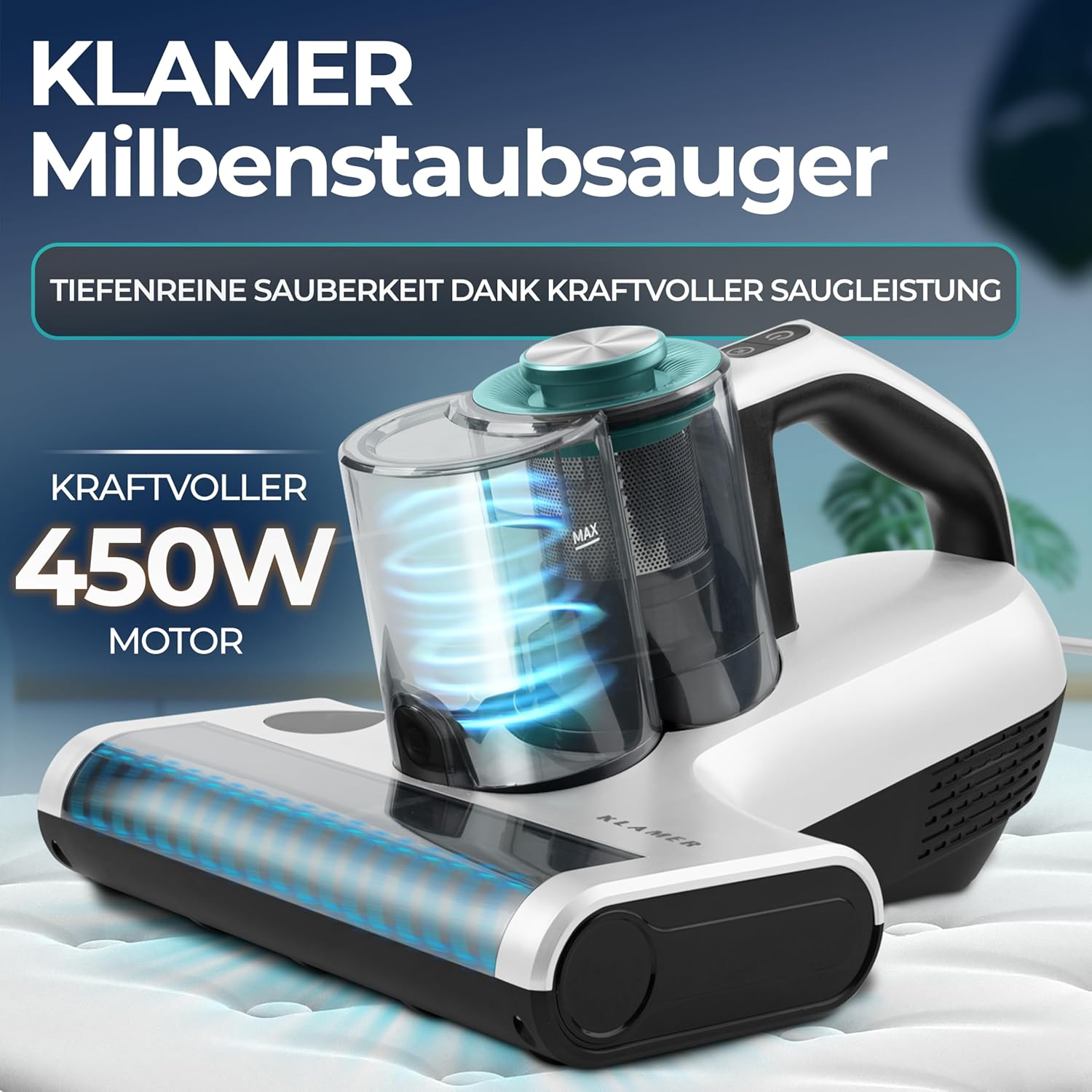 Ein weißer und schwarzer Staubsauger mit transparentem Behälter und blauen Wirbeln.