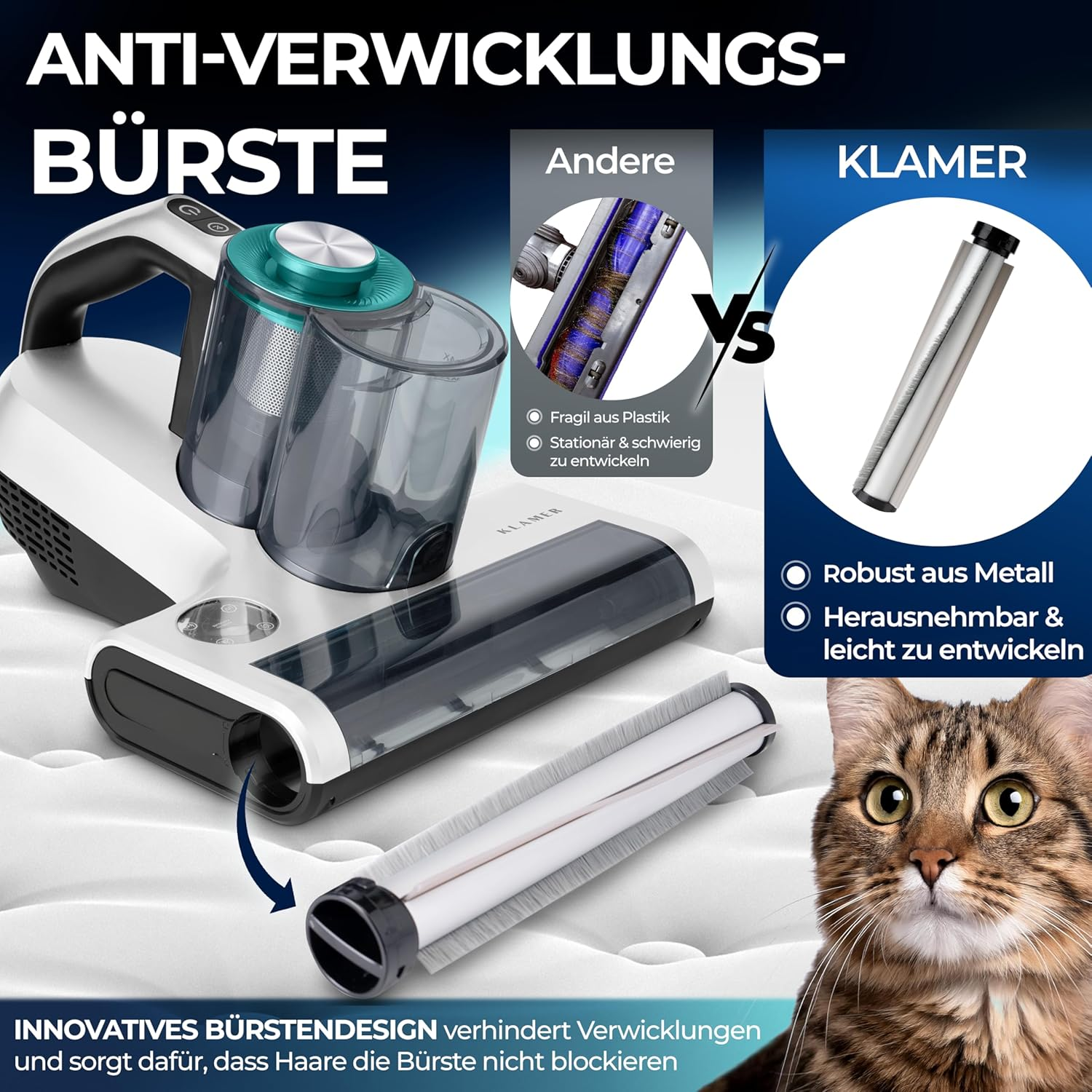 Staubsauger mit Anti-Verwicklungsbürste vs. Metallbürste. Katze im Vordergrund.