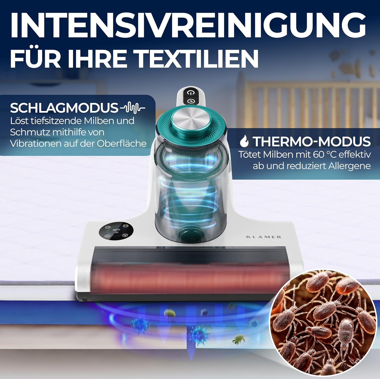 Ein Staubsauger mit blauem Licht und Milben wird auf einer Matratze gezeigt.