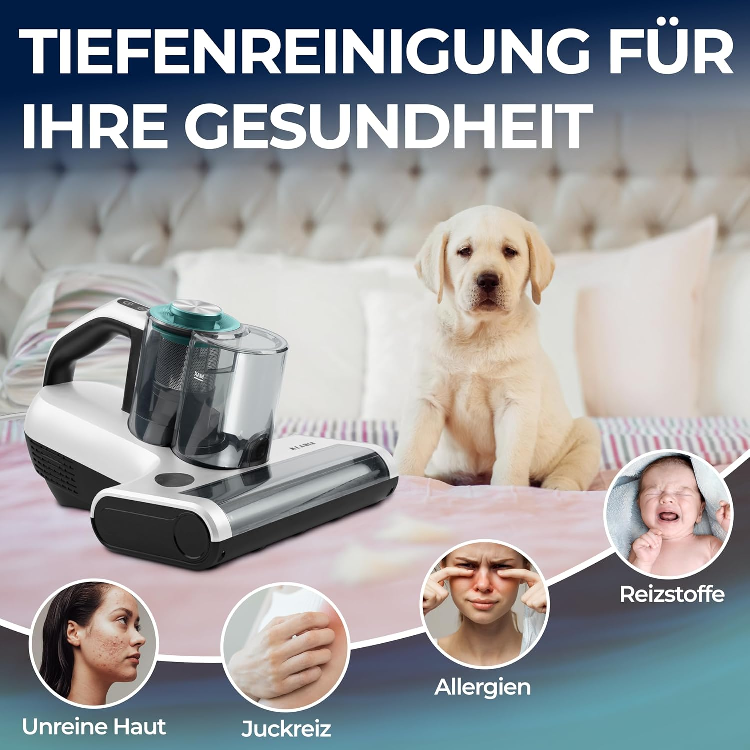 Staubsauger mit Welpe, Baby und Hautirritationsbildern. Text: Tiefenreinigung für Ihre Gesundheit.