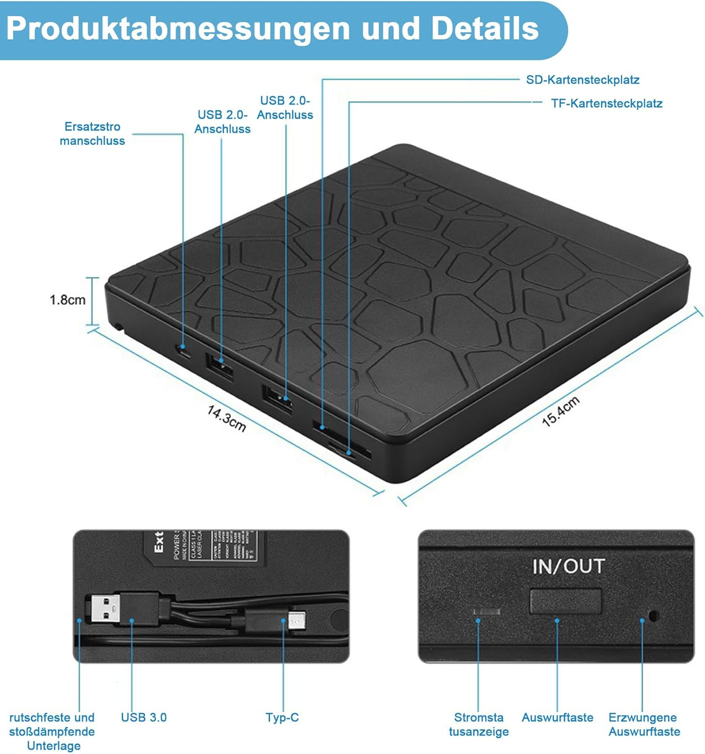 Ein schwarzes externes Festplattengehäuse mit USB-Anschlüssen, SD/TF-Kartensteckplätzen und Maßen.
