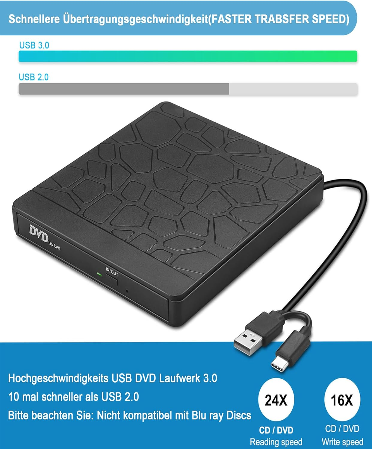 Schwarzes externes USB 3.0 DVD-Laufwerk mit einem gemusterten Gehäuse und Kabeln.