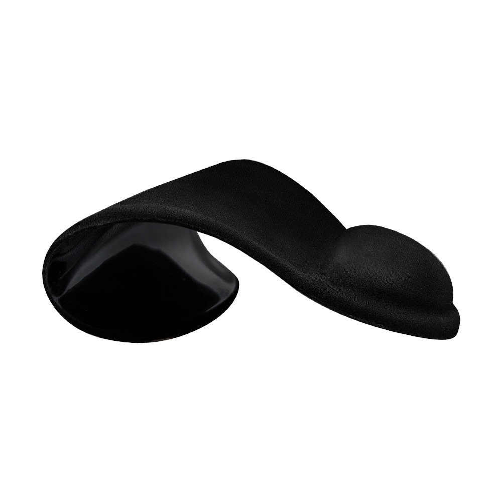 Ergonomiczna czarna podkładka pod mysz z podpórką na nadgarstek, na białym tle.