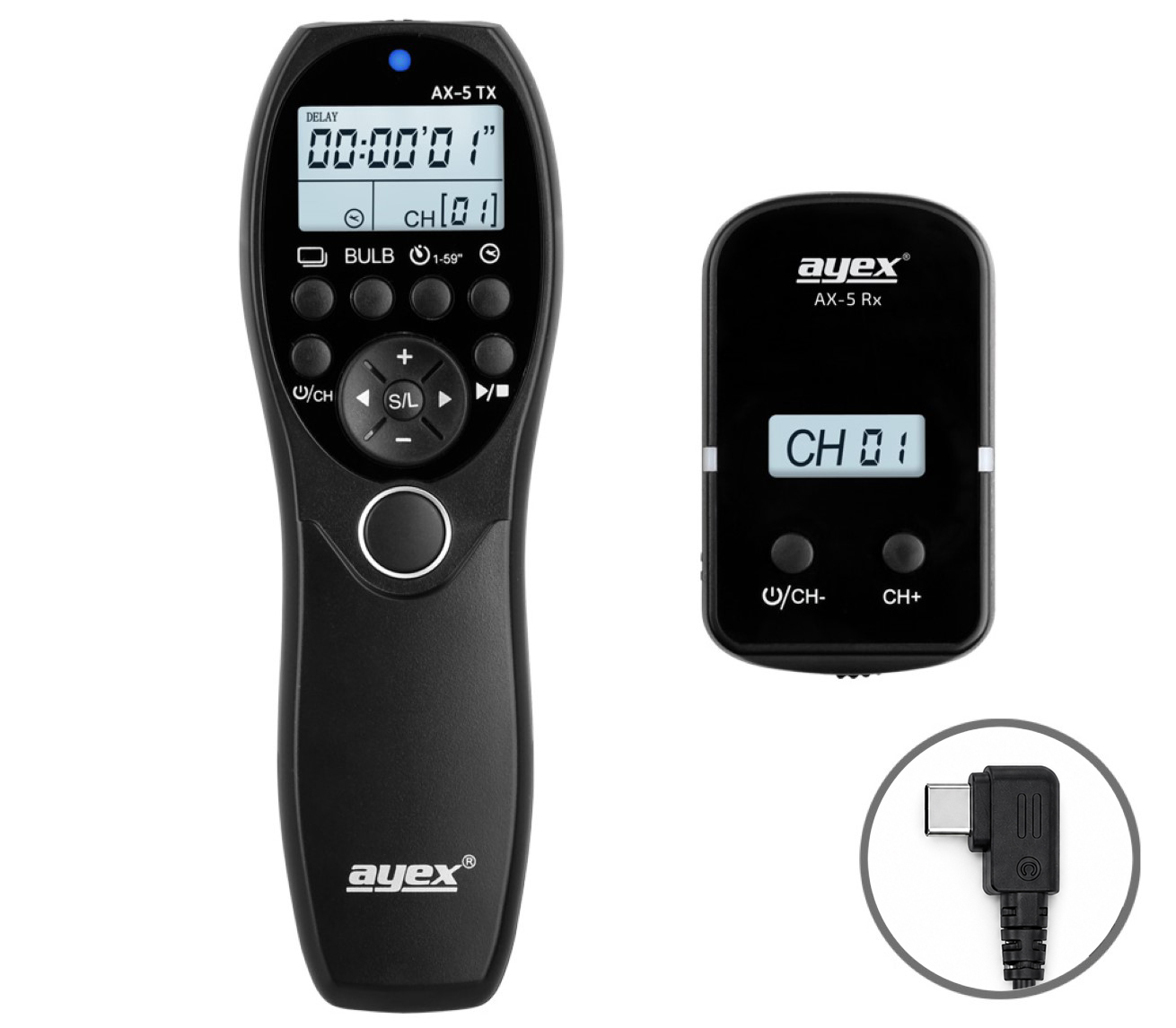 Zwei schwarze Ayex Fernauslöser, ein langer und ein kleiner, mit Displays und Tasten.