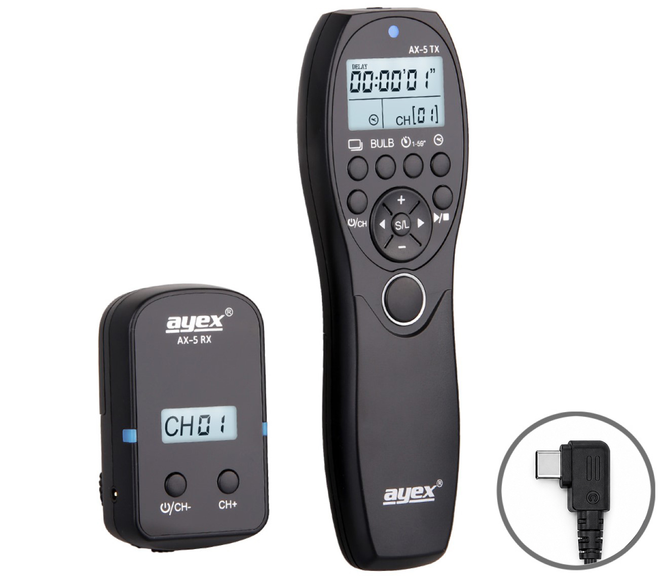 Zwei schwarze Ayex Fernauslöser, ein RX und ein TX mit LCD-Display und Tasten.