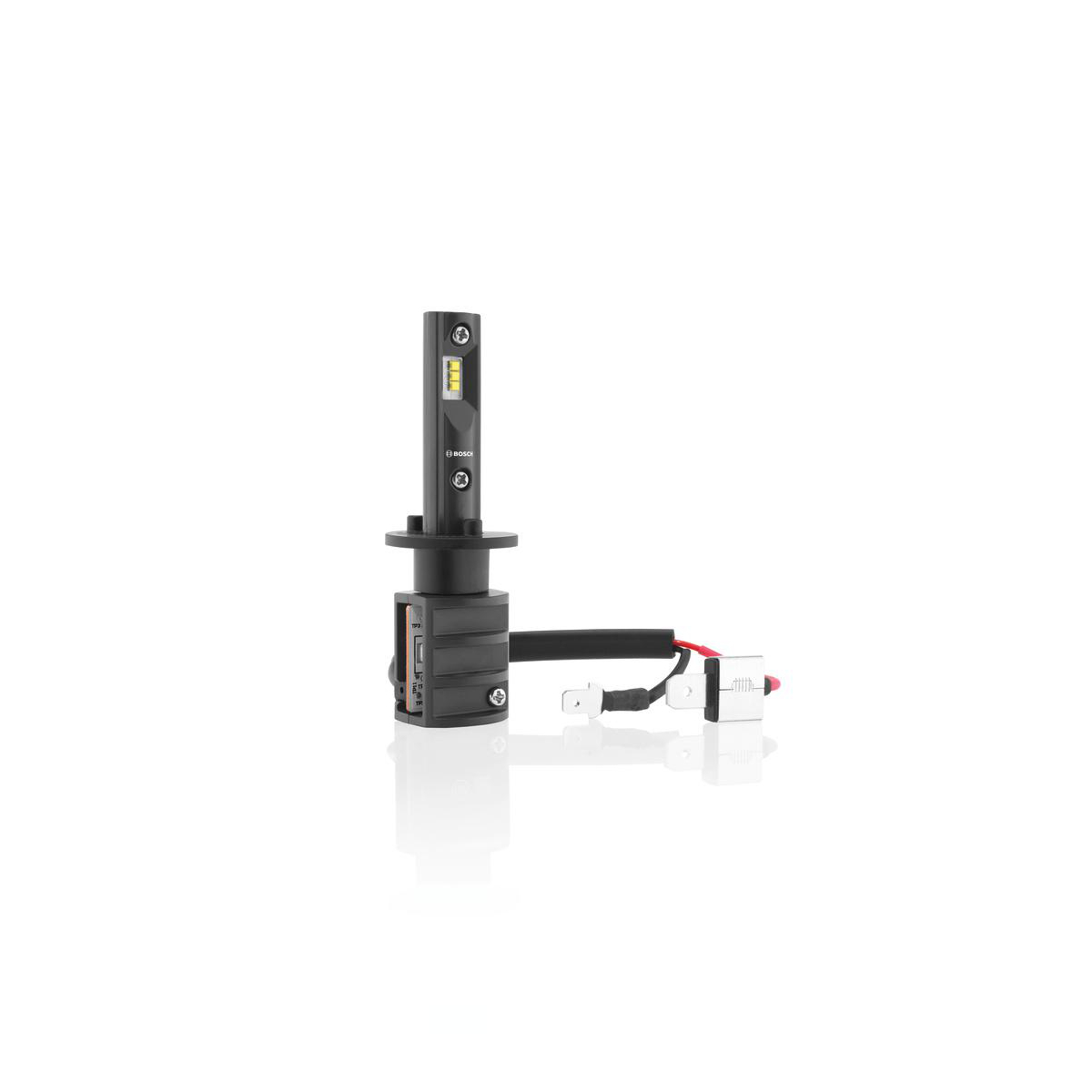 Schwarze Bosch LED-Lampe mit Kabeln auf weißem Hintergrund.