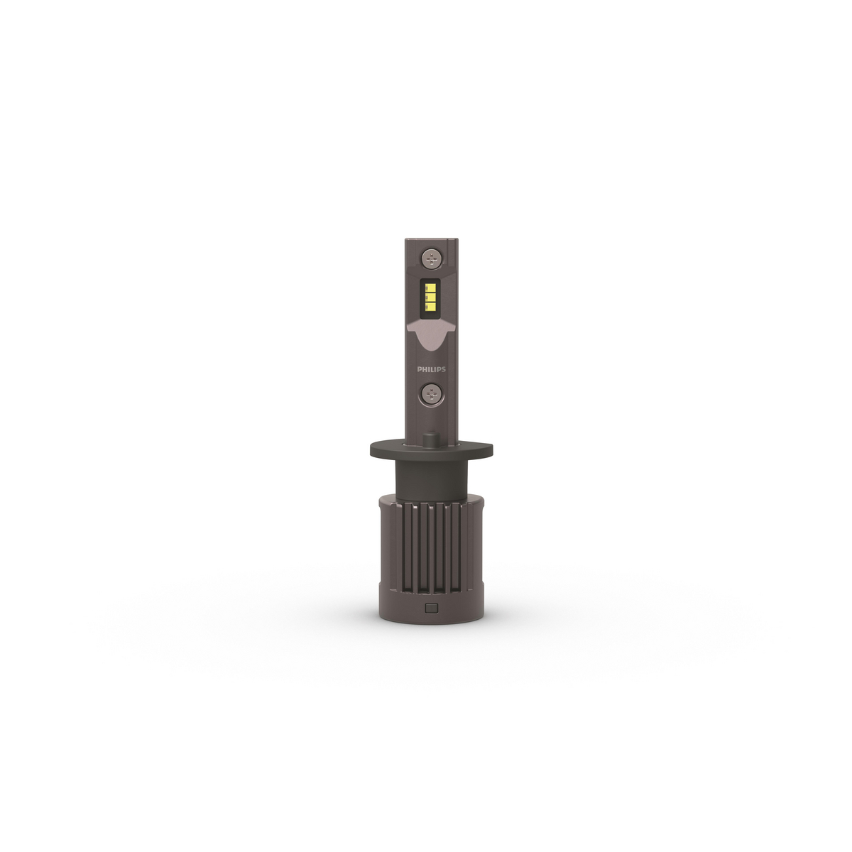 Eine dunkle graue Philips-Autolampe mit silbernen Schrauben und LED-Lichtern.