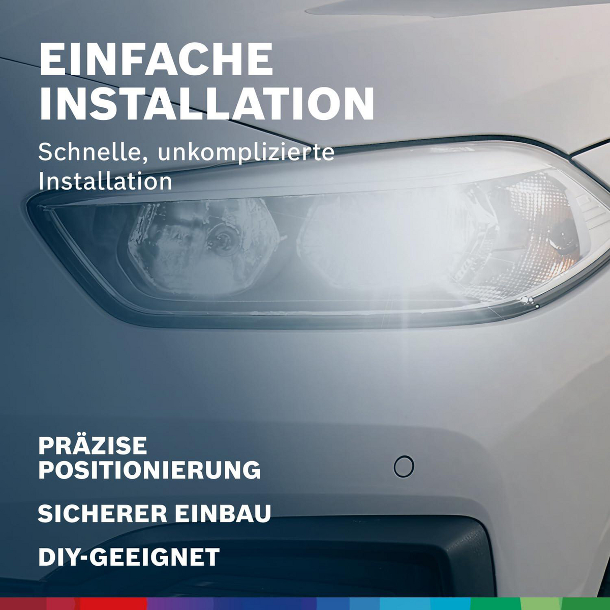 Nahaufnahme eines Autoscheinwerfers mit Text über einfache Installation.