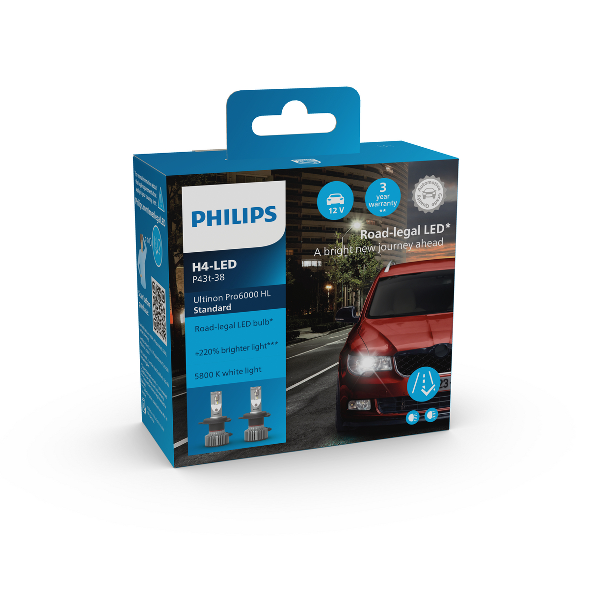 Verpackung für Philips H4-LED-Autolampen mit Bild eines roten Autos bei Nacht.