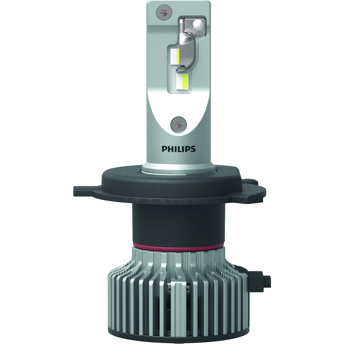 Silberne Philips LED-Autolampe mit Kühlkörper und schwarzem Sockel.
