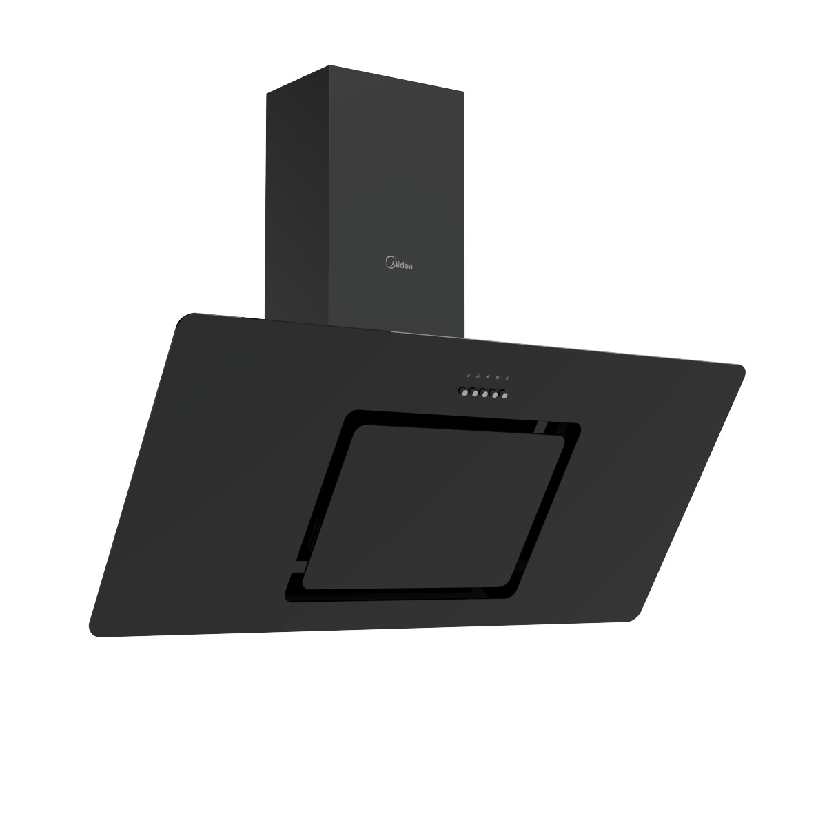 Schwarze Dunstabzugshaube mit Midea-Logo und Bedienelementen.
