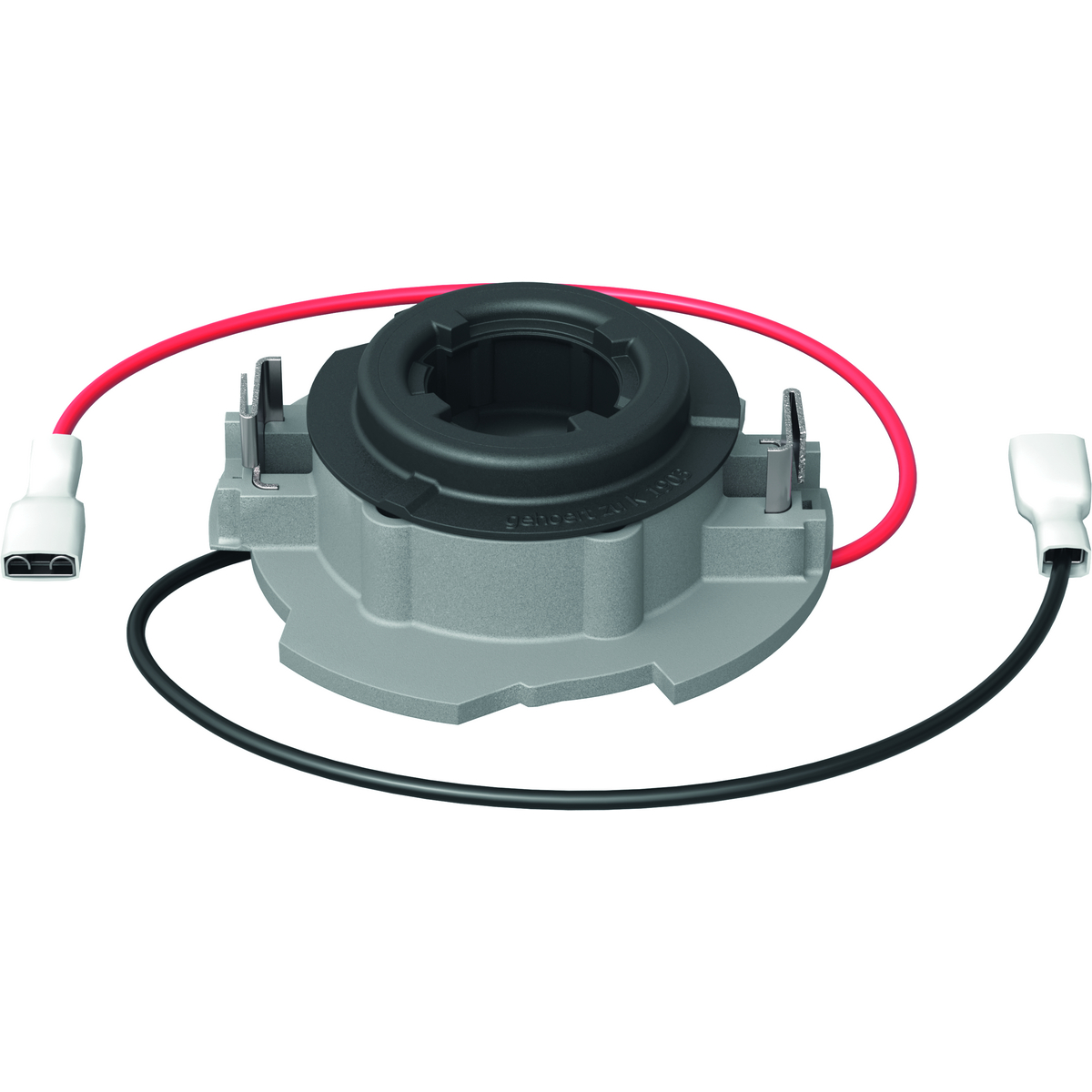 Grauer Stecker mit roten und schwarzen Kabeln, weiße Stecker an den Enden.