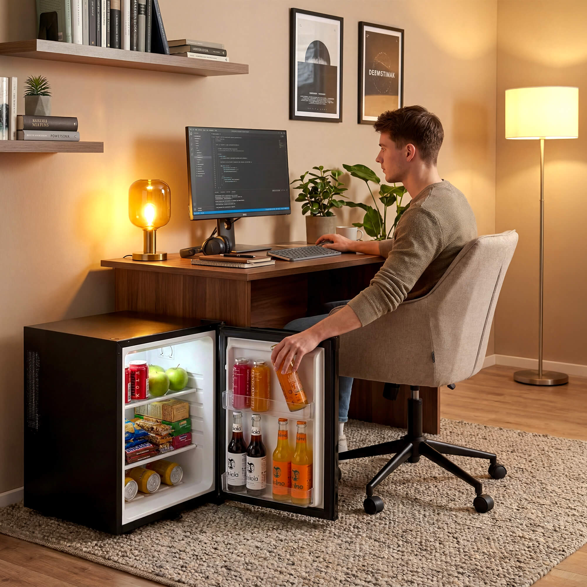 Mann nimmt Getränk aus Mini-Kühlschrank neben Schreibtisch mit Computer.