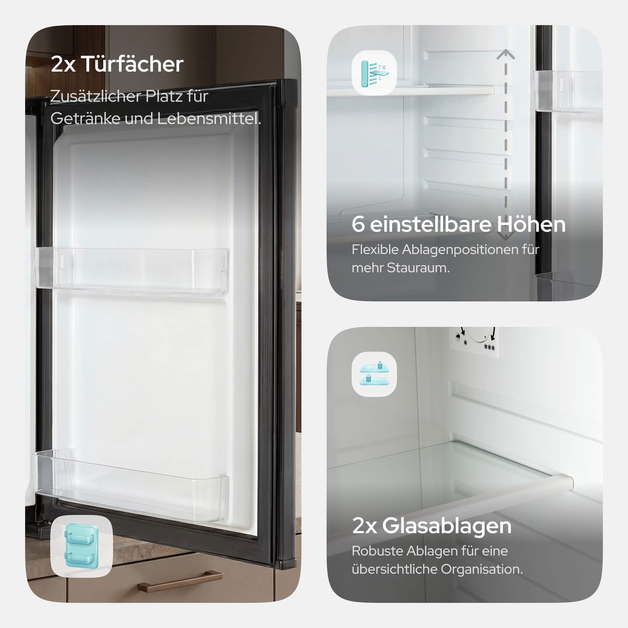 Kühlschrank mit 2 Türfächern, 6 einstellbaren Höhen und 2 Glasablagen.