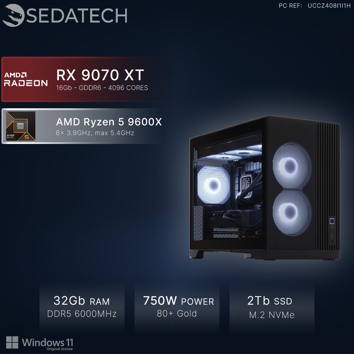 Nowoczesny PC z wentylatorami RGB, AMD Ryzen 5 9600X i RX 9070 XT.