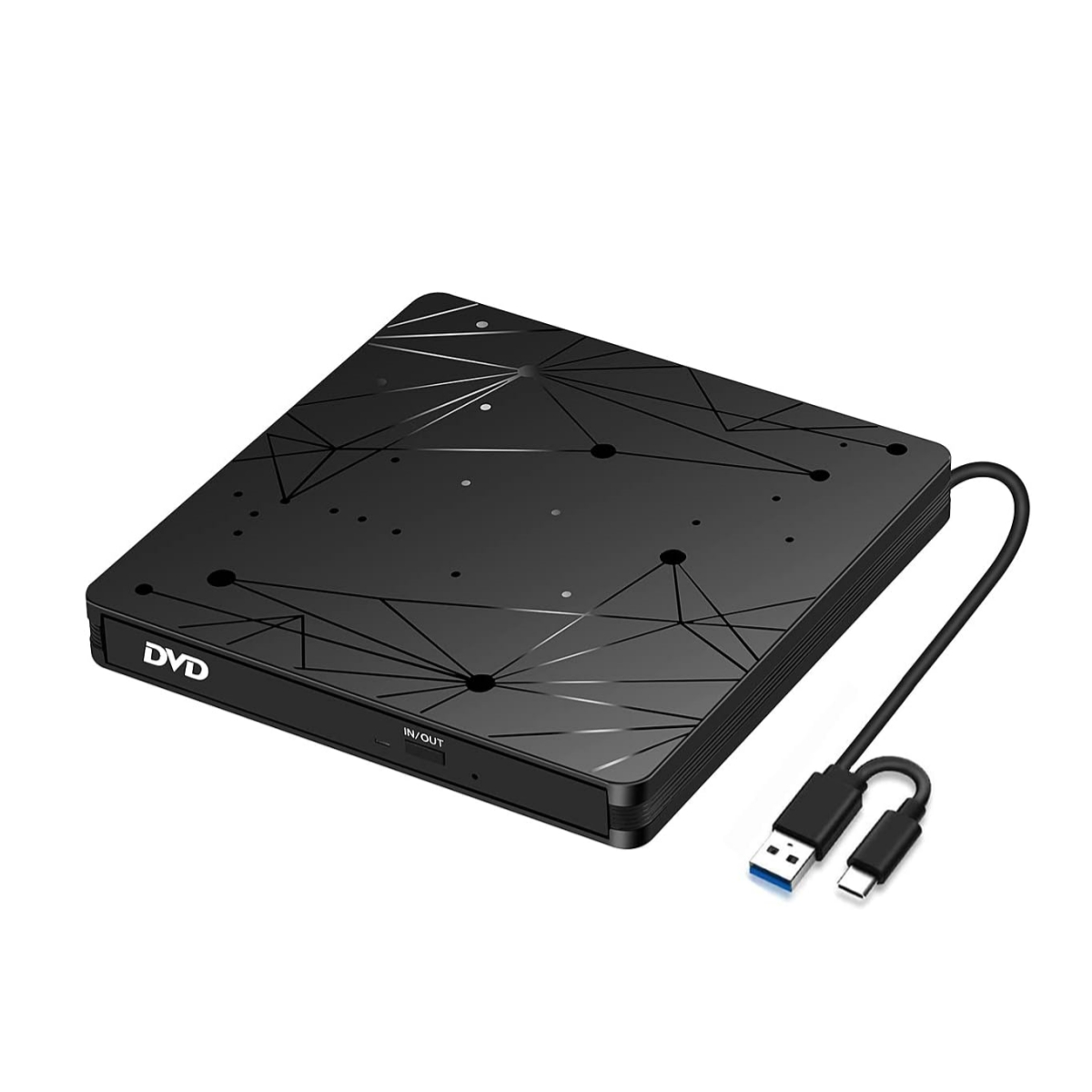 Schwarzer tragbarer DVD-Player mit geometrischem Muster und USB-C-Kabel.